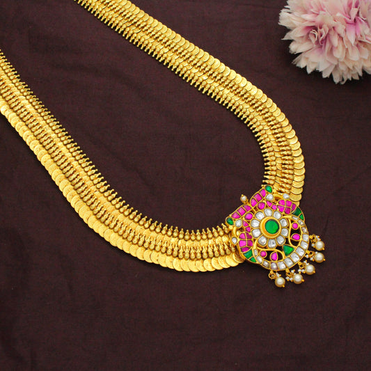 42632 Nakshi Laxmi Long Kasulu Necklace With Jadau Floral Peacock Locket