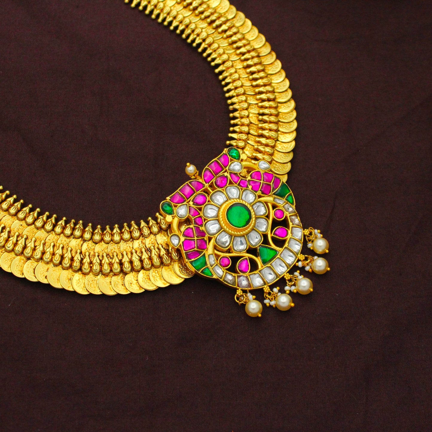 Nakshi Laxmi Long Kasulu Necklace With Jadau Floral Peacock Locket