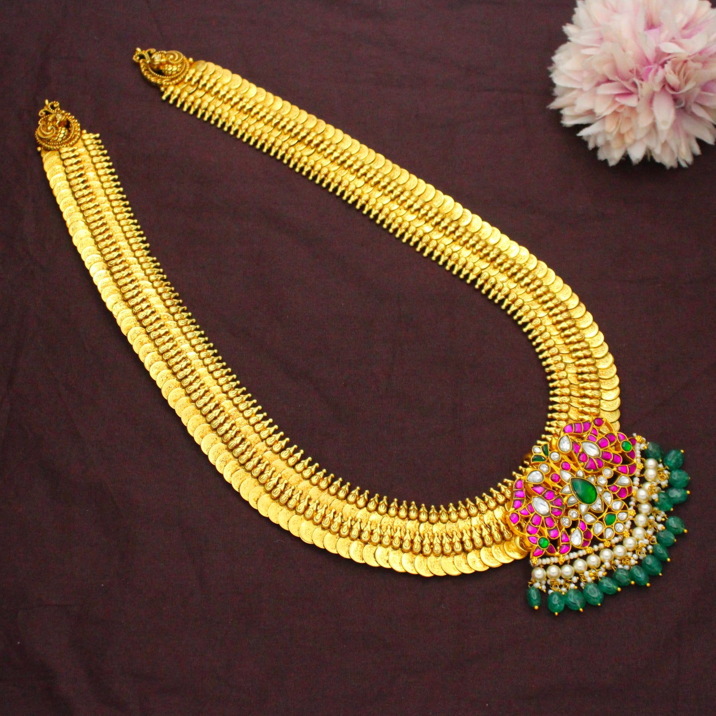 Nakshi Laxmi Long Kasulu Necklace With Double Peacock Jadau Locket
