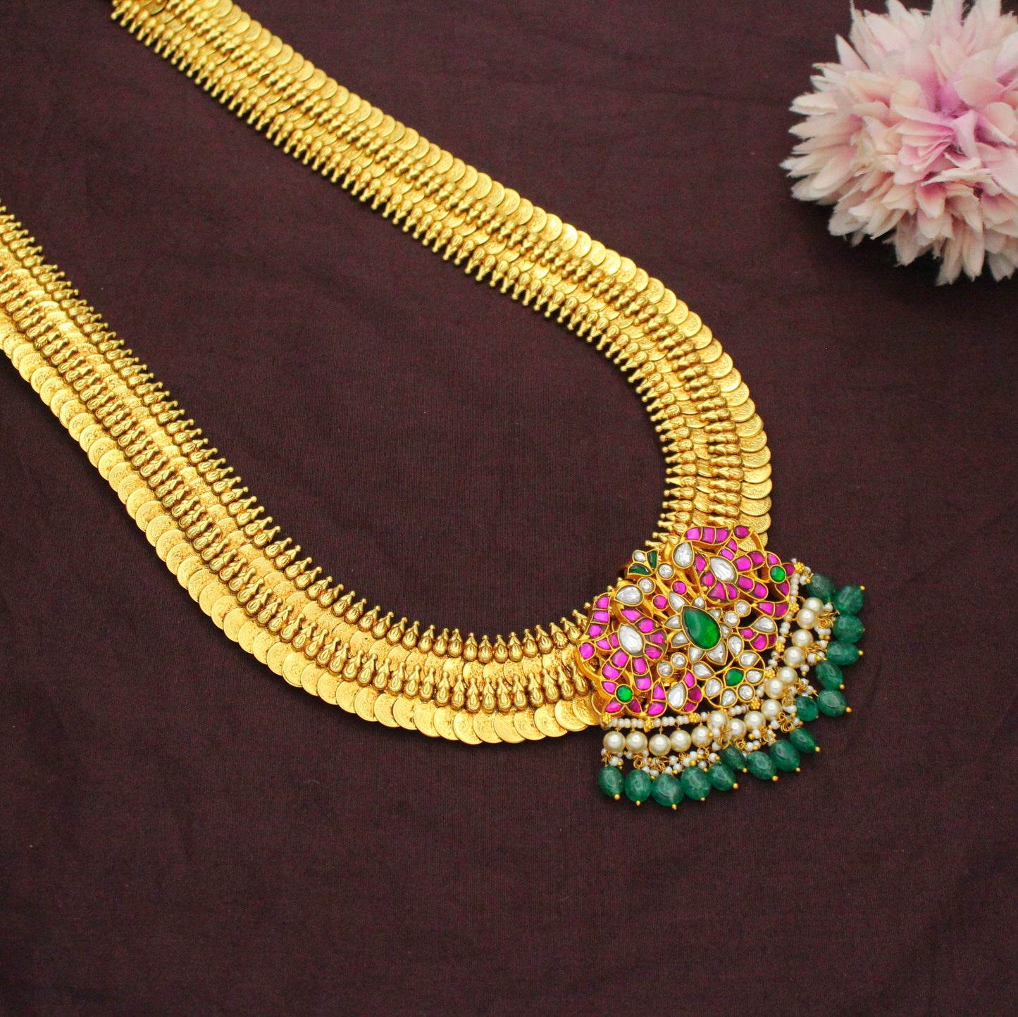 Nakshi Laxmi Long Kasulu Necklace With Double Peacock Jadau Locket
