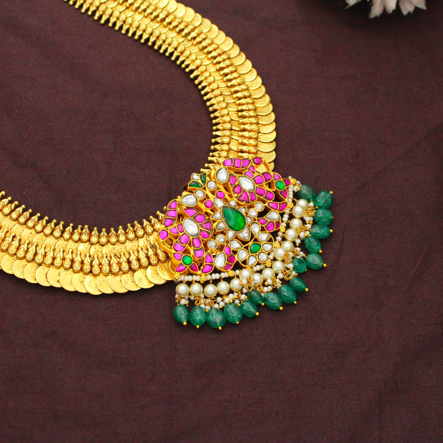 Nakshi Laxmi Long Kasulu Necklace With Double Peacock Jadau Locket