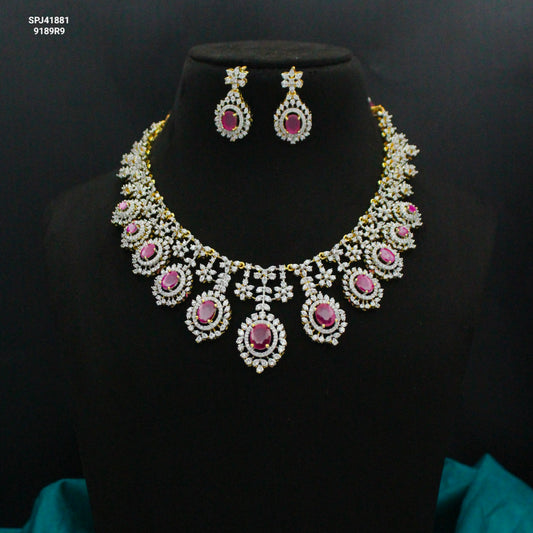 41881 GJ Fancy Short Necklace Set Red With Screw Back Earrings