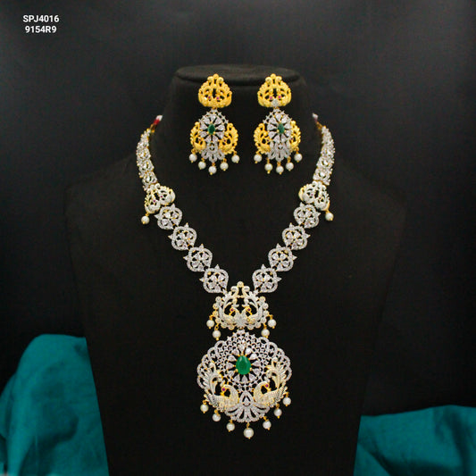 4016 GJ Double Peacock Short Necklace Set Green With Screw Back Earrings