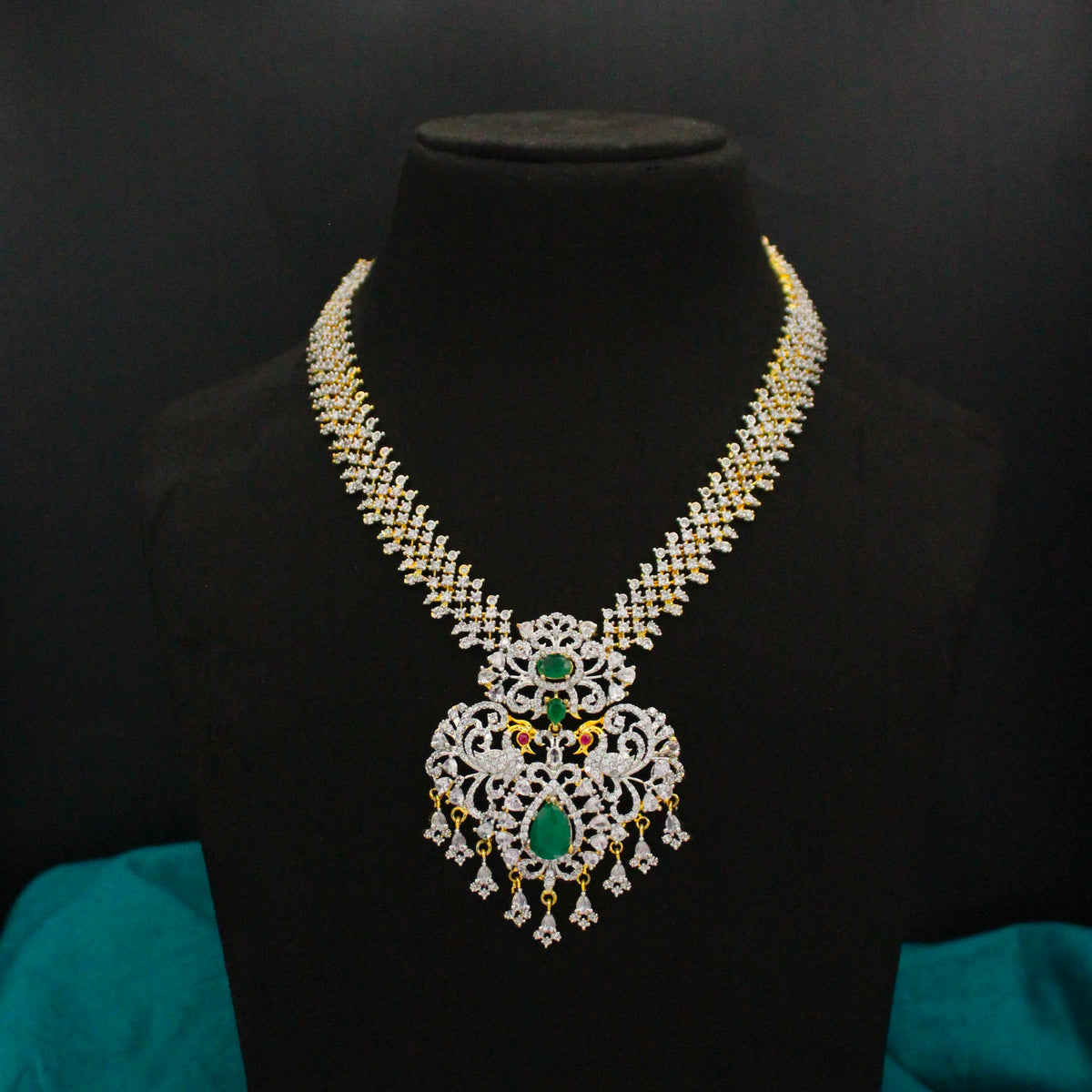 Diamond Look Peacock Necklace Set with Screwback Earrings SP-38554