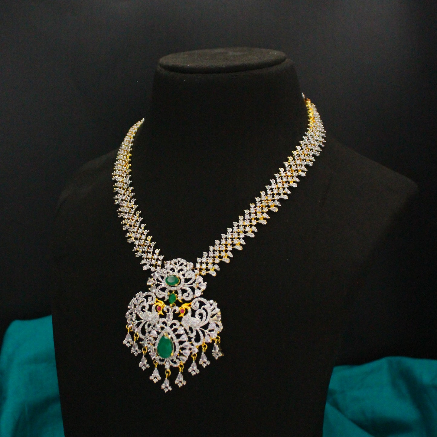 Diamond Look Peacock Necklace Set with Screwback Earrings SP-38554