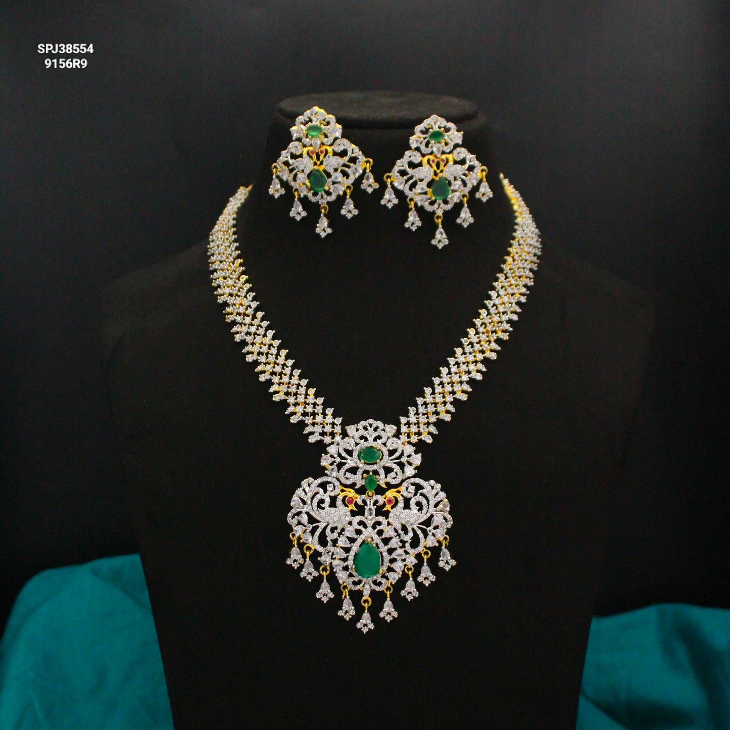 Diamond Look Peacock Necklace Set with Screwback Earrings SP-38554