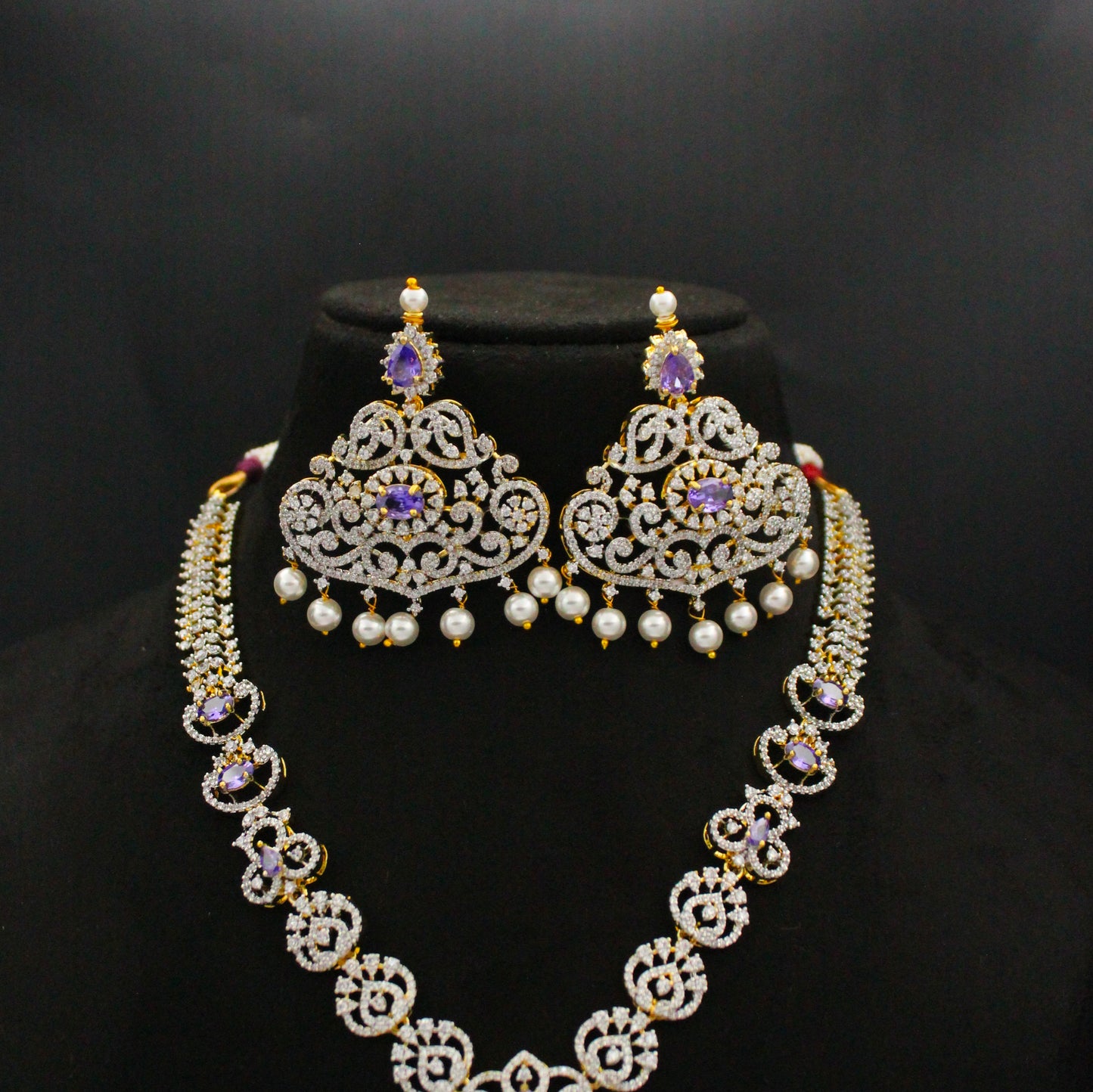 39508 Purple CZ Stone GJ Short Necklace Set with Earrings