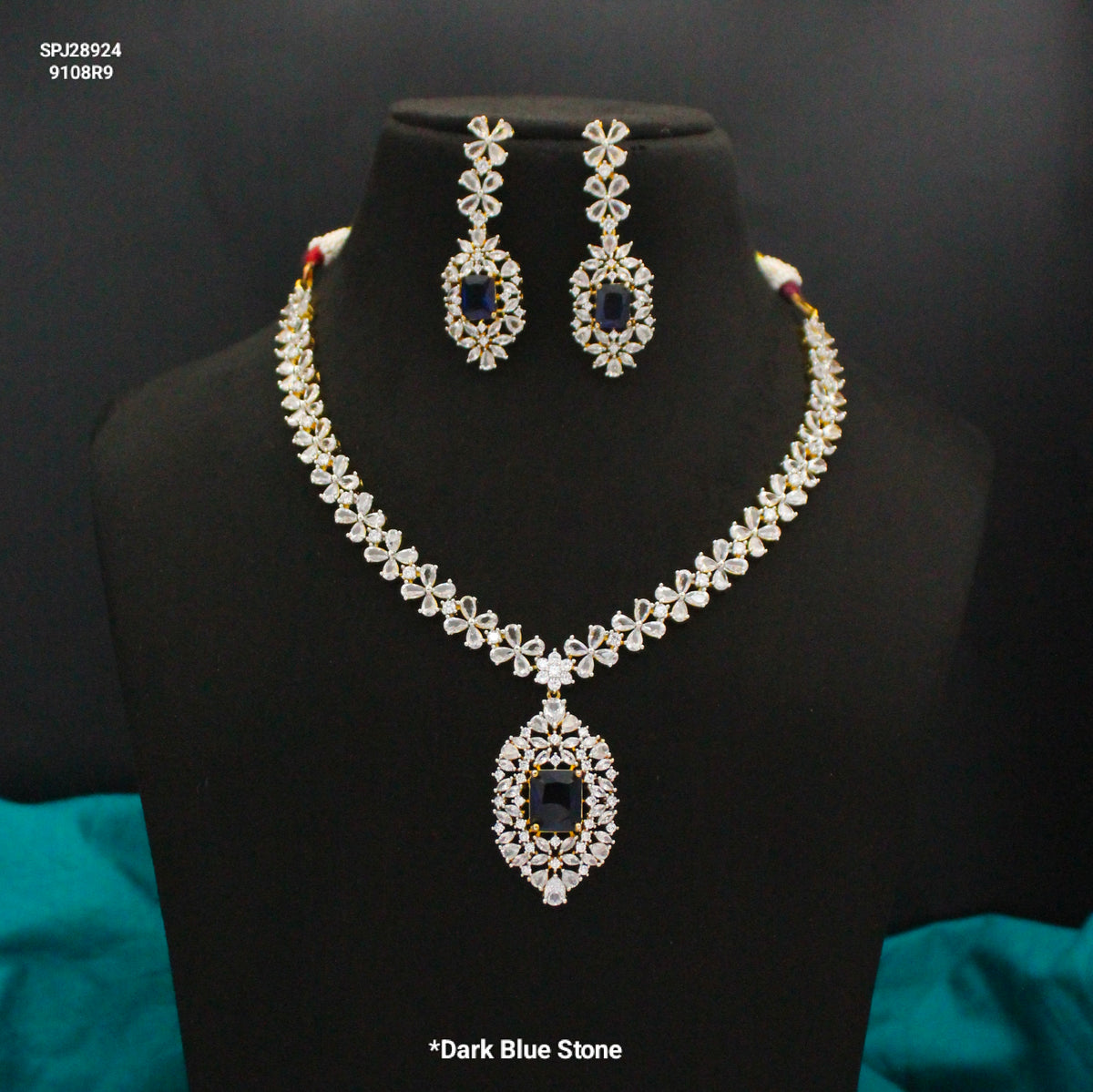 28924 Dark Blue Stone GJ Short Necklace Set with Earrings