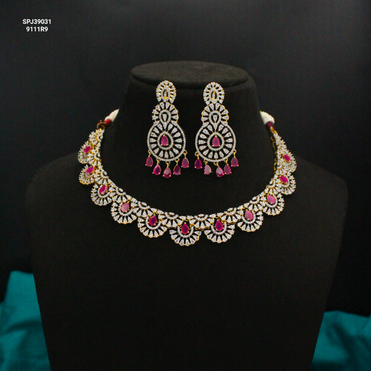 39031 Red CZ Stone GJ Short Necklace Set with Earrings