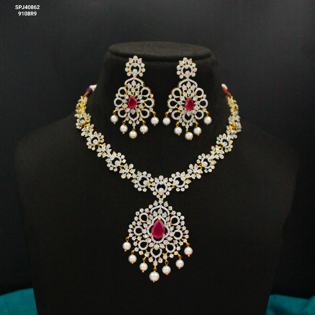 40862 Red CZ Stone GJ Short Necklace Set with Earrings