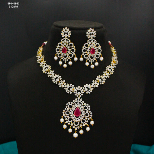 40862 Red CZ Stone GJ Short Necklace Set with Earrings