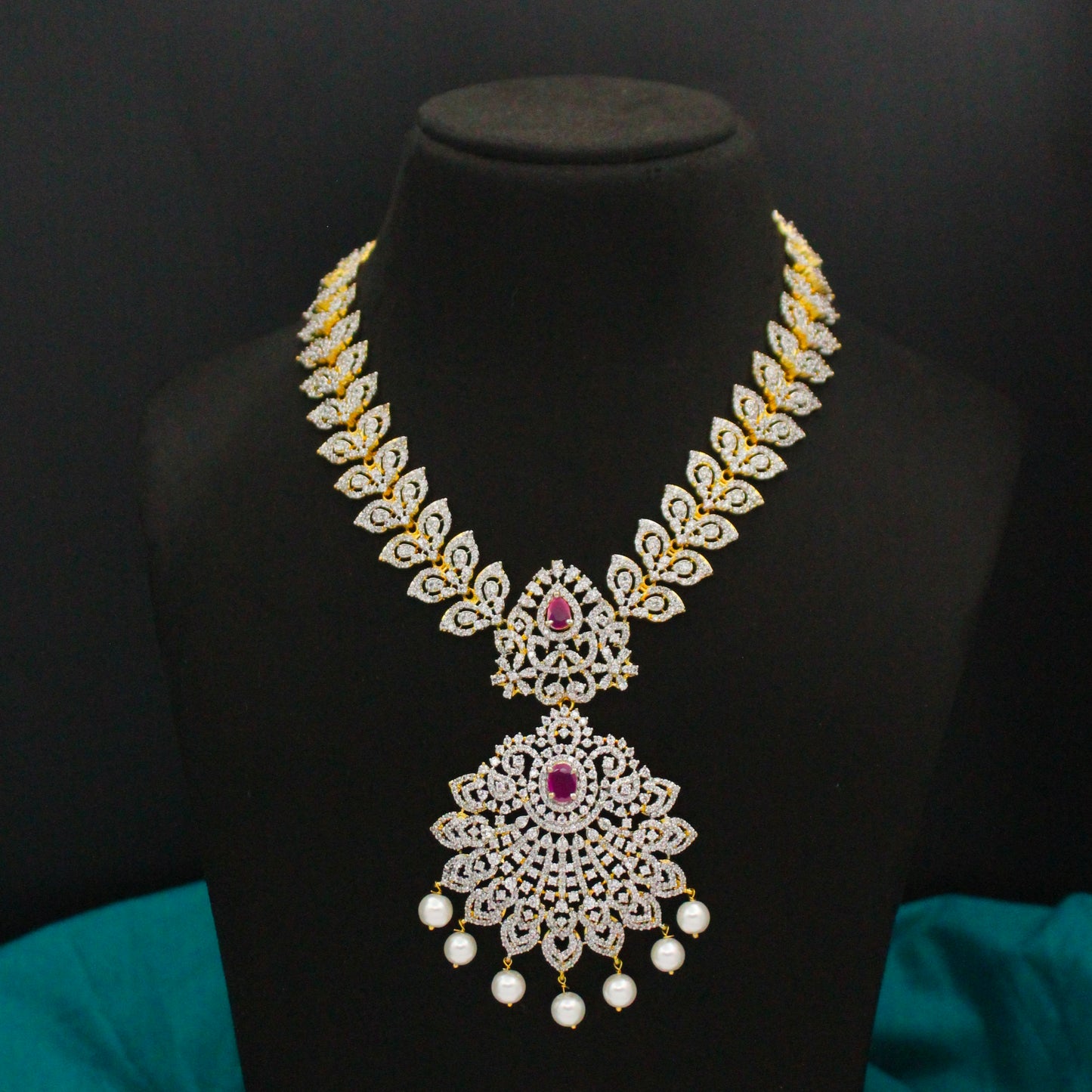Diamond Look Ruby Stone Short Necklace Set SP-38504