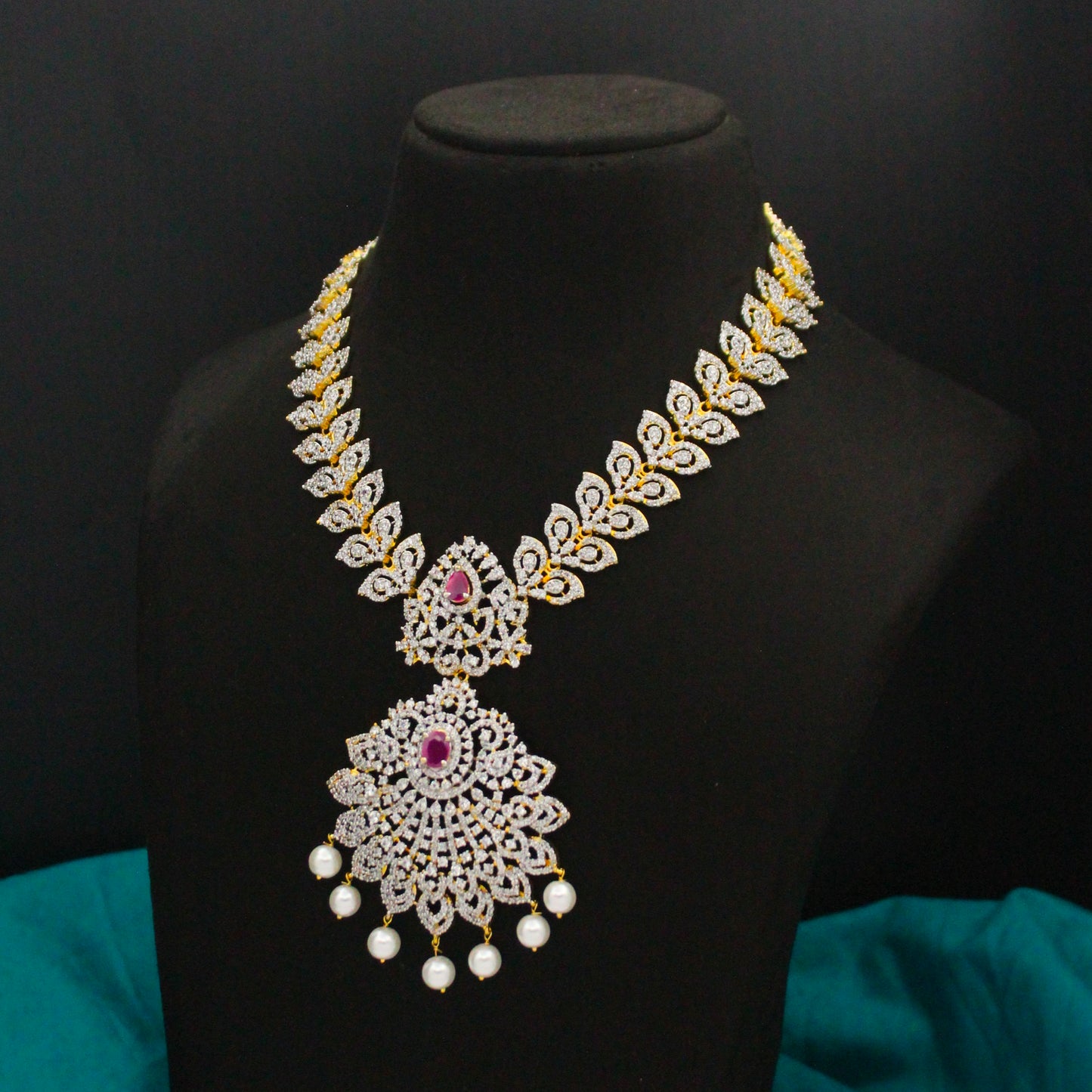 Diamond Look Ruby Stone Short Necklace Set SP-38504