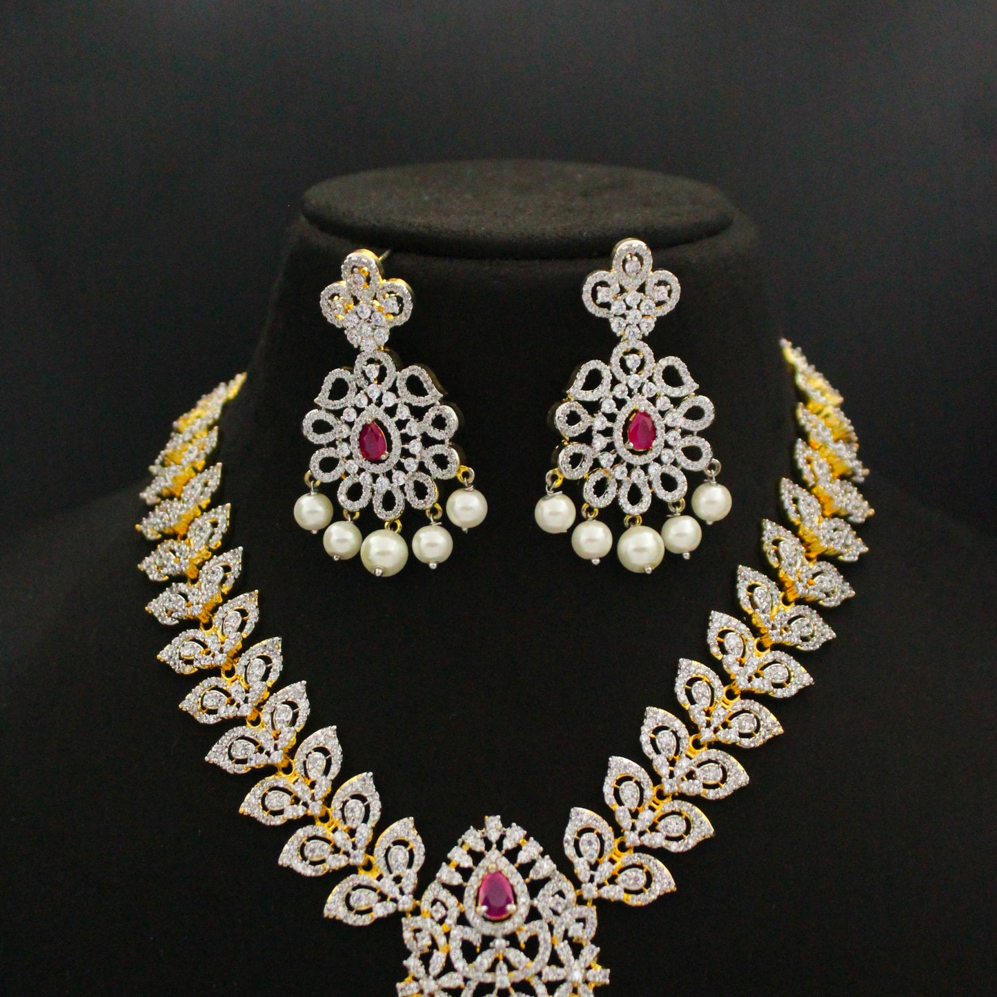 Diamond Look Ruby Stone Short Necklace Set SP-38504