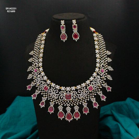 42231 GJ Broad Red Necklace Set With Push Back Earrings