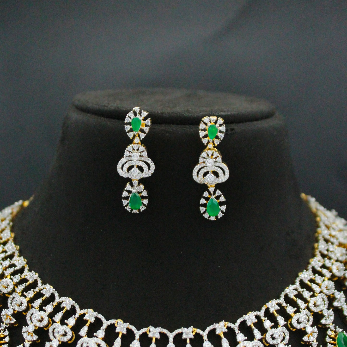 Diamond Look Emerald Necklace Set with Hangings SP-39714
