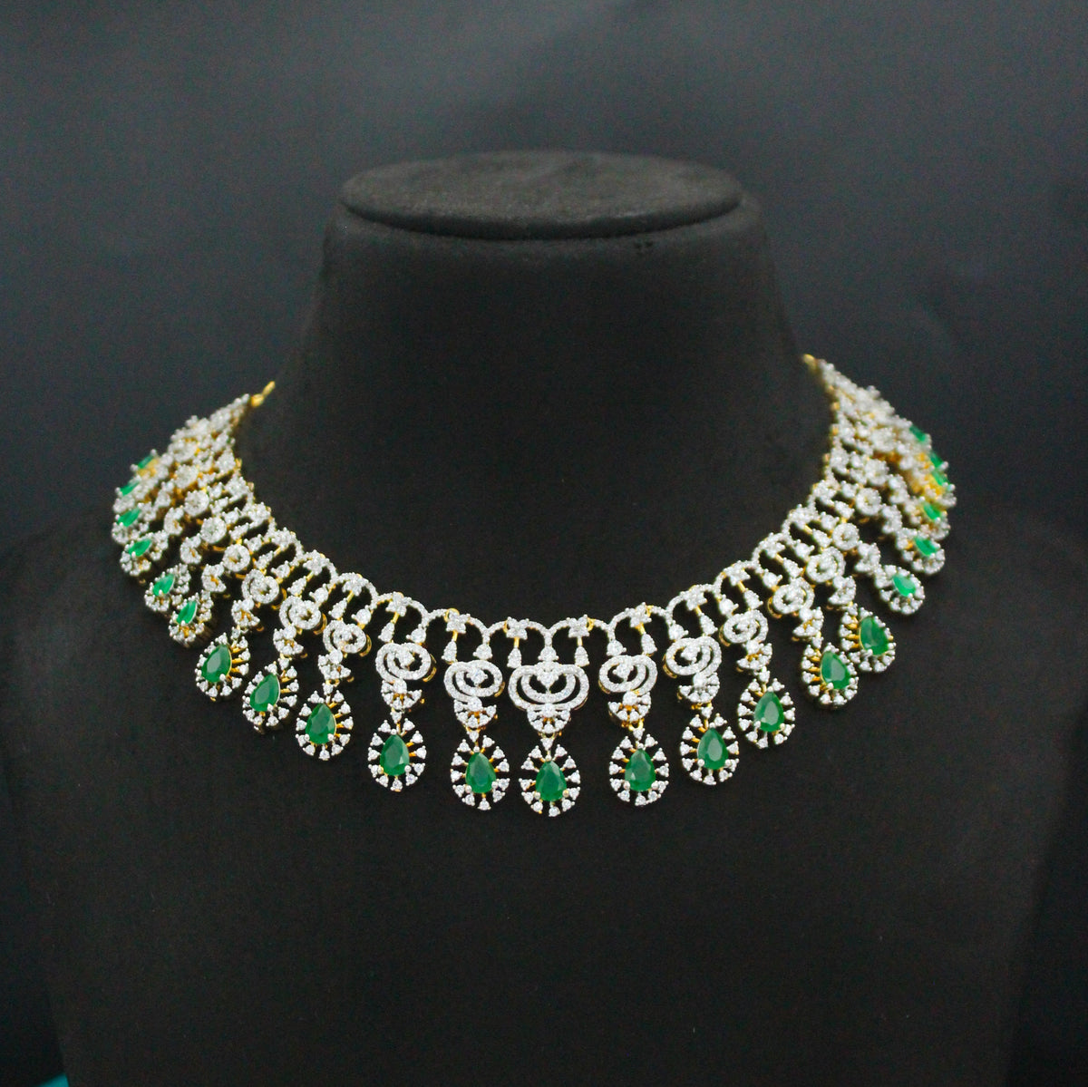 Diamond Look Emerald Necklace Set with Hangings SP-39714