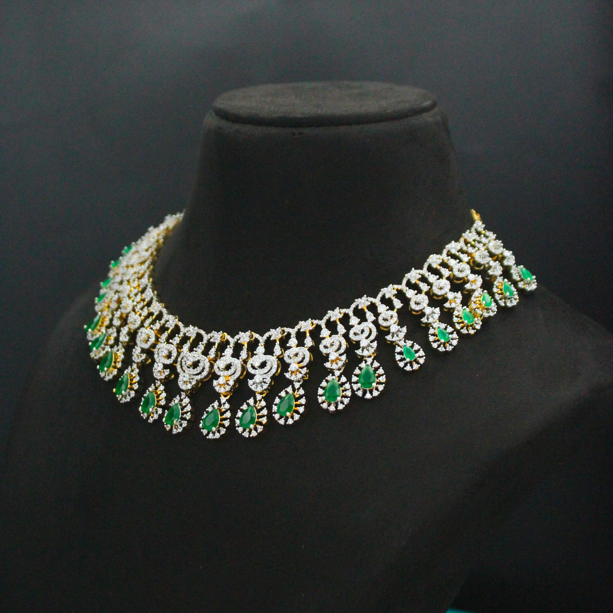 Diamond Look Emerald Necklace Set with Hangings SP-39714