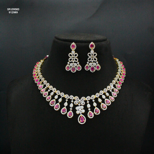 39583 Red Stone GJ Diamond Look Short Necklace Set with Earrings