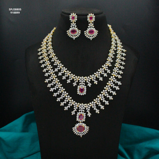 Diamond Look 2-Layer Ruby Necklace Set with Screwback Earrings SP-38805