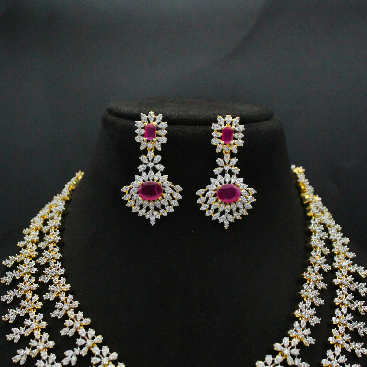 Diamond Look 2-Layer Ruby Necklace Set with Screwback Earrings SP-38805