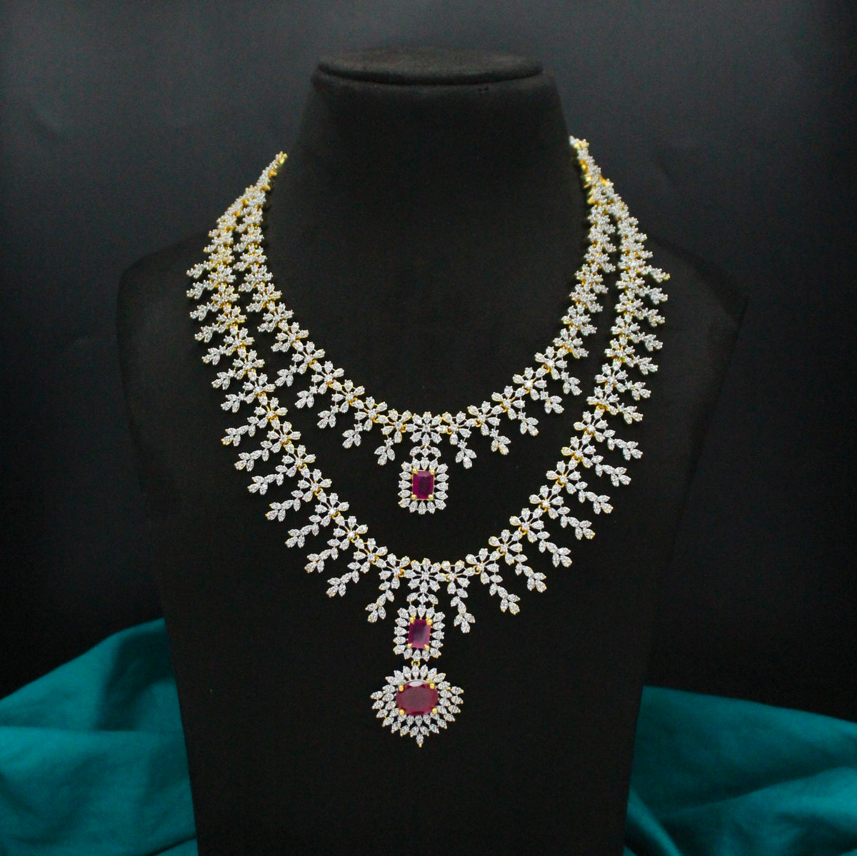 Diamond Look 2-Layer Ruby Necklace Set with Screwback Earrings SP-38805