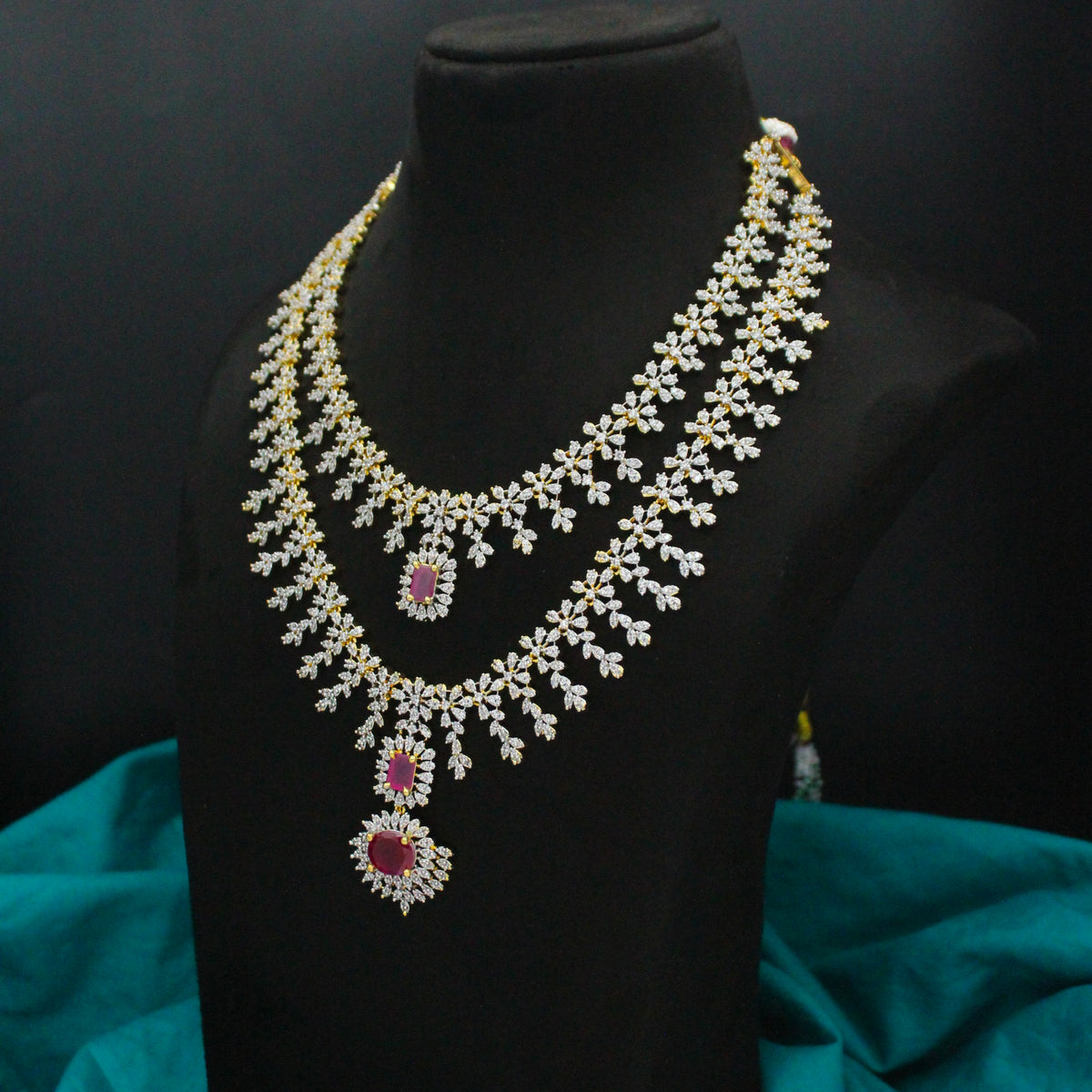 Diamond Look 2-Layer Ruby Necklace Set with Screwback Earrings SP-38805