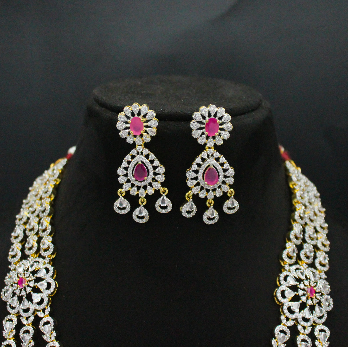 Diamond Look 3-Layer Red Long Necklace Set SP-40486