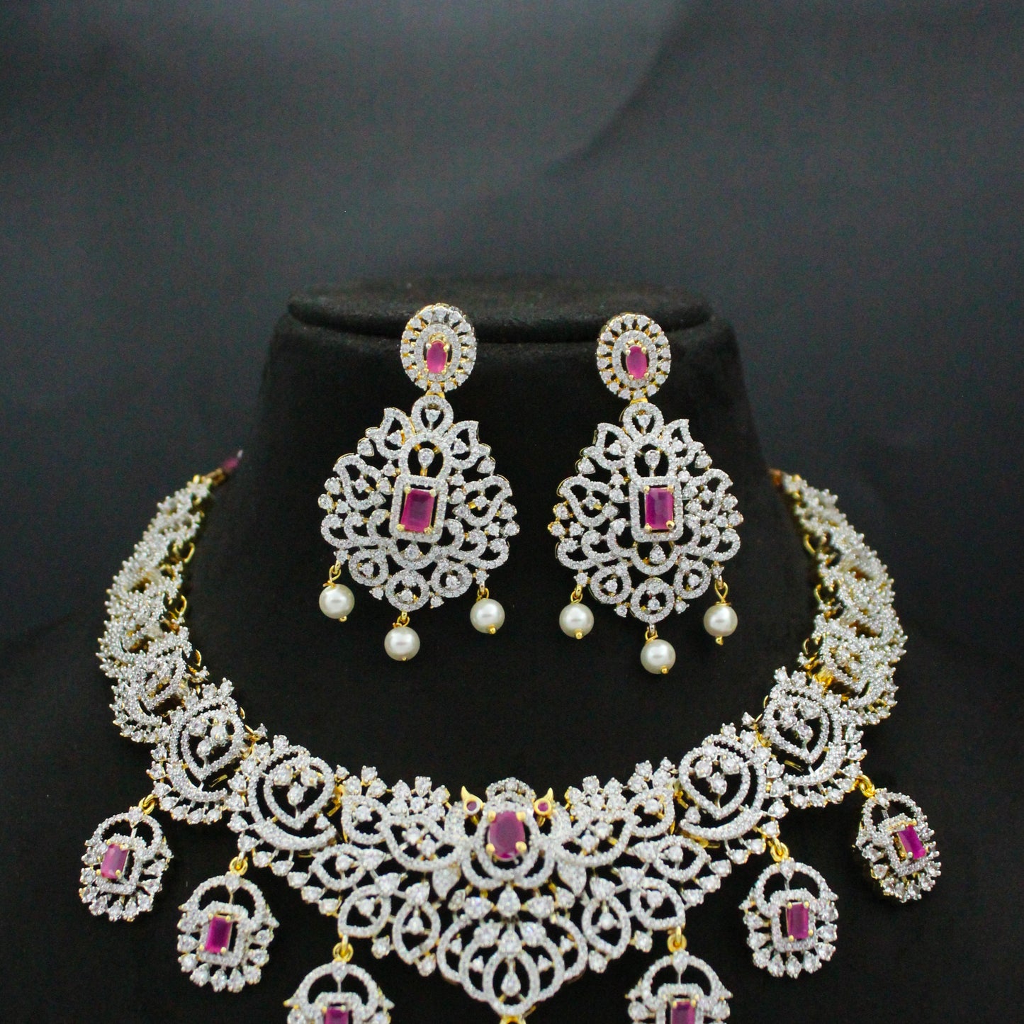 42511 GJ Short Ruby Detachable Locket Necklace Set With Screw Back Earrings