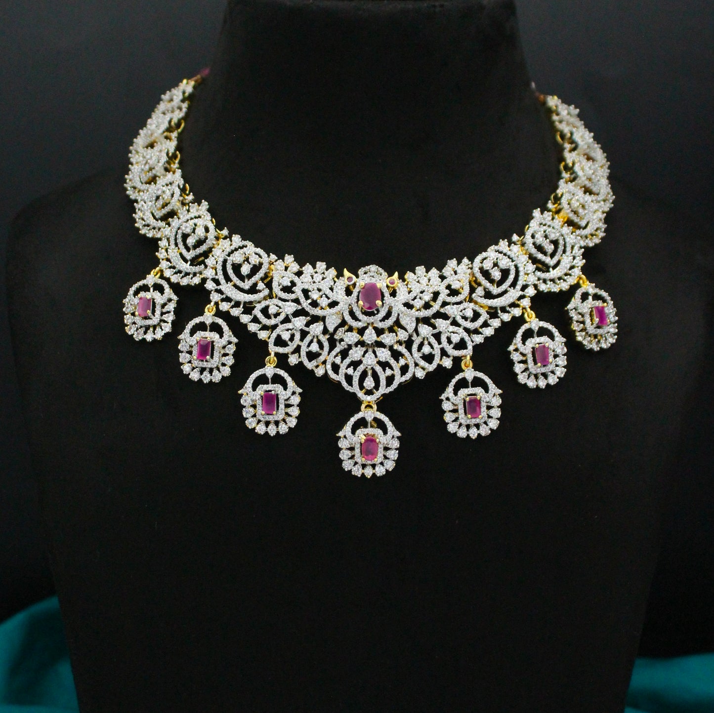 42511 GJ Short Ruby Detachable Locket Necklace Set With Screw Back Earrings