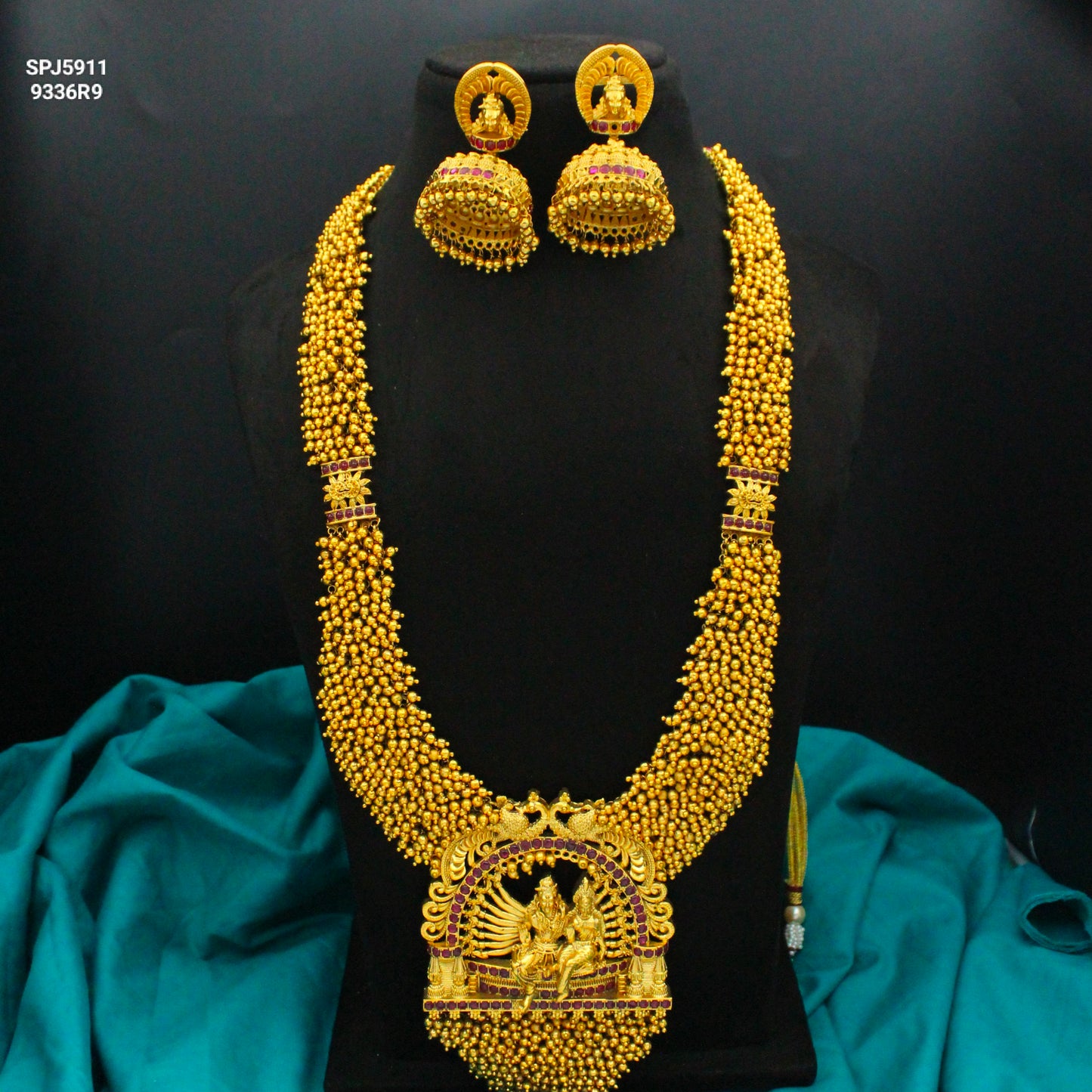 5911 Nakshi Shiva Parvati Long Golden Balls Long Necklace Set