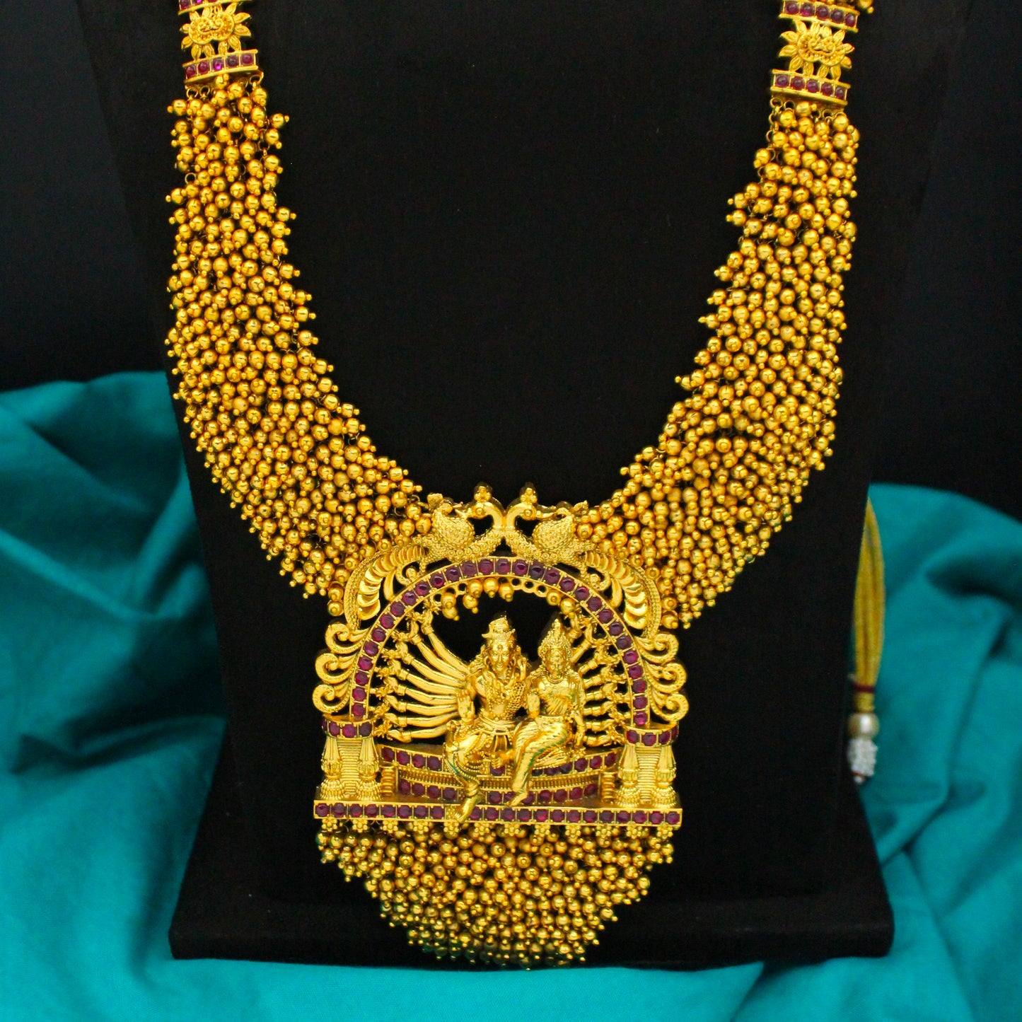 5911 Nakshi Shiva Parvati Long Golden Balls Long Necklace Set