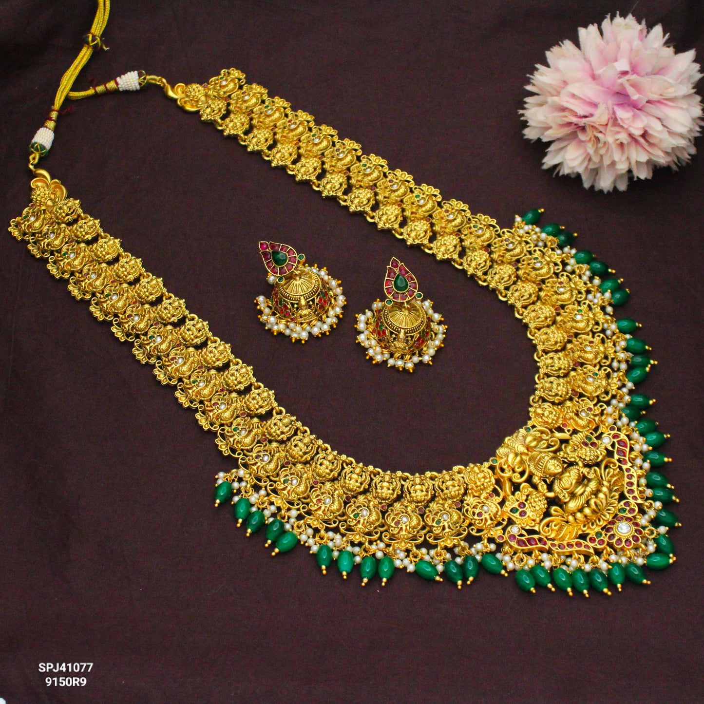 41077 Nakshi Laxmi Long Green Beads Necklace Set With Push Back Earrings