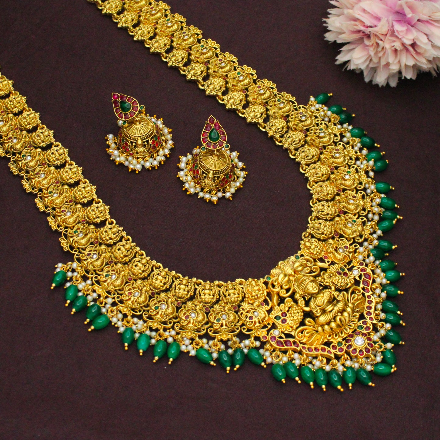 41077 Nakshi Laxmi Long Green Beads Necklace Set With Push Back Earrings