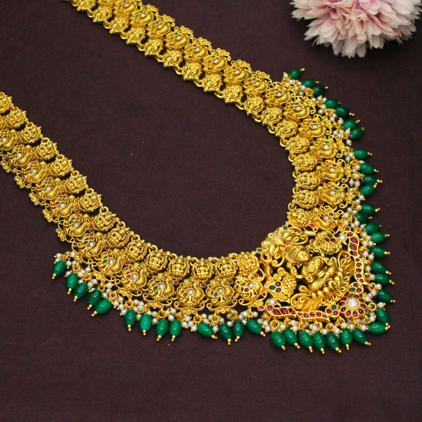 41077 Nakshi Laxmi Long Green Beads Necklace Set With Push Back Earrings