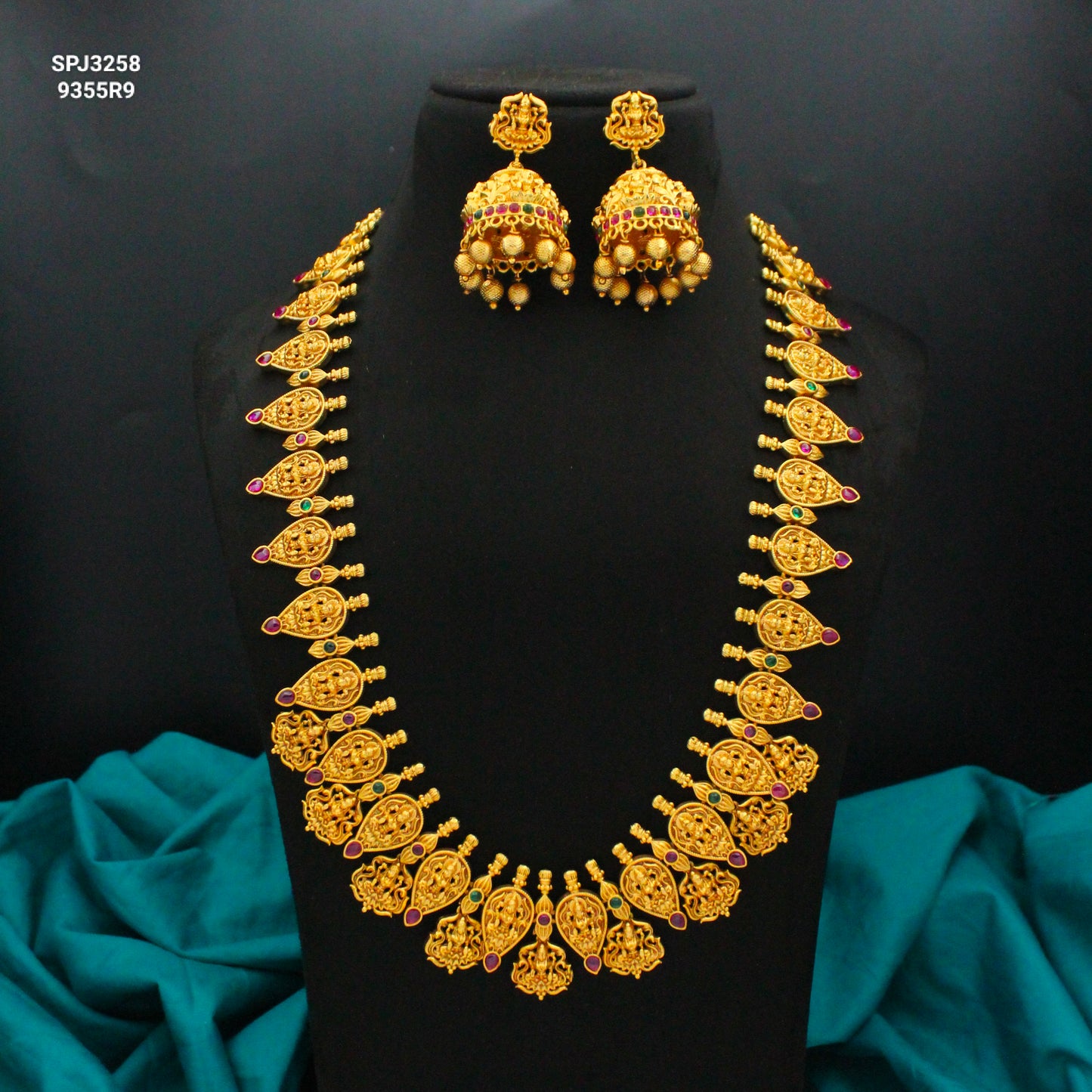 3258 Laxmi Long Multi Necklace Set With Golden Balls Jhumkis