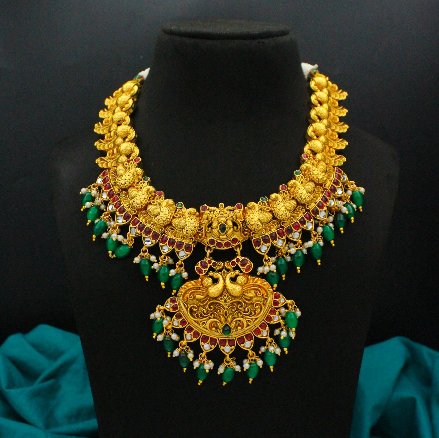 41939 Nakshi Peacock Short Necklace Set With Green Beads and Push Back Earrings