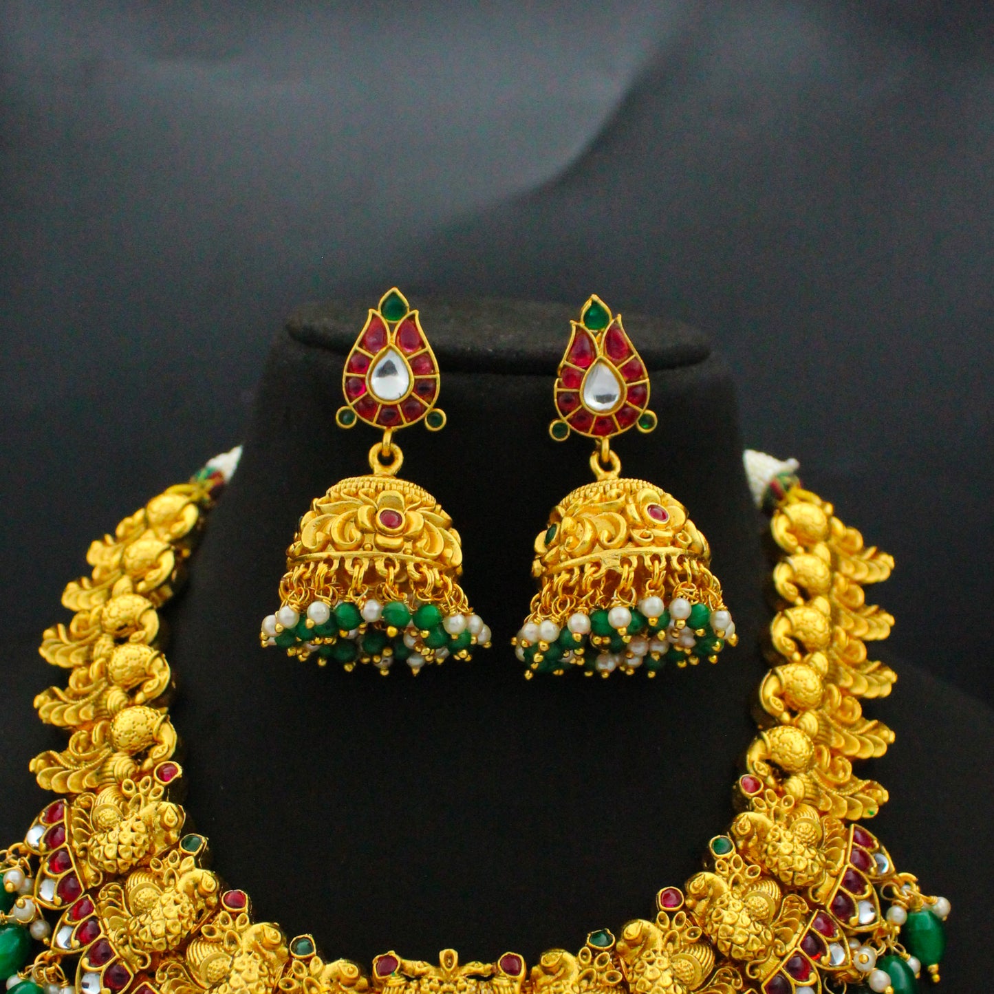 41939 Nakshi Peacock Short Necklace Set With Green Beads and Push Back Earrings