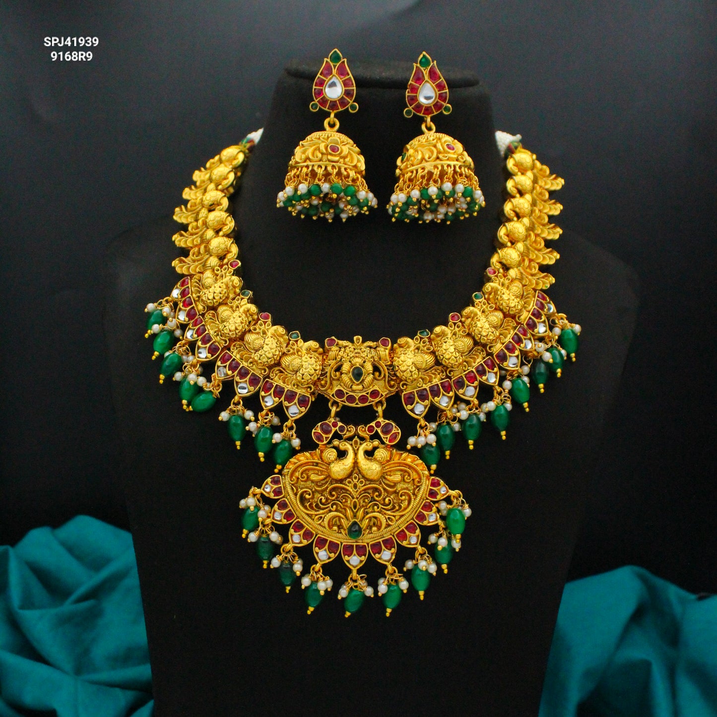 41939 Nakshi Peacock Short Necklace Set With Green Beads and Push Back Earrings