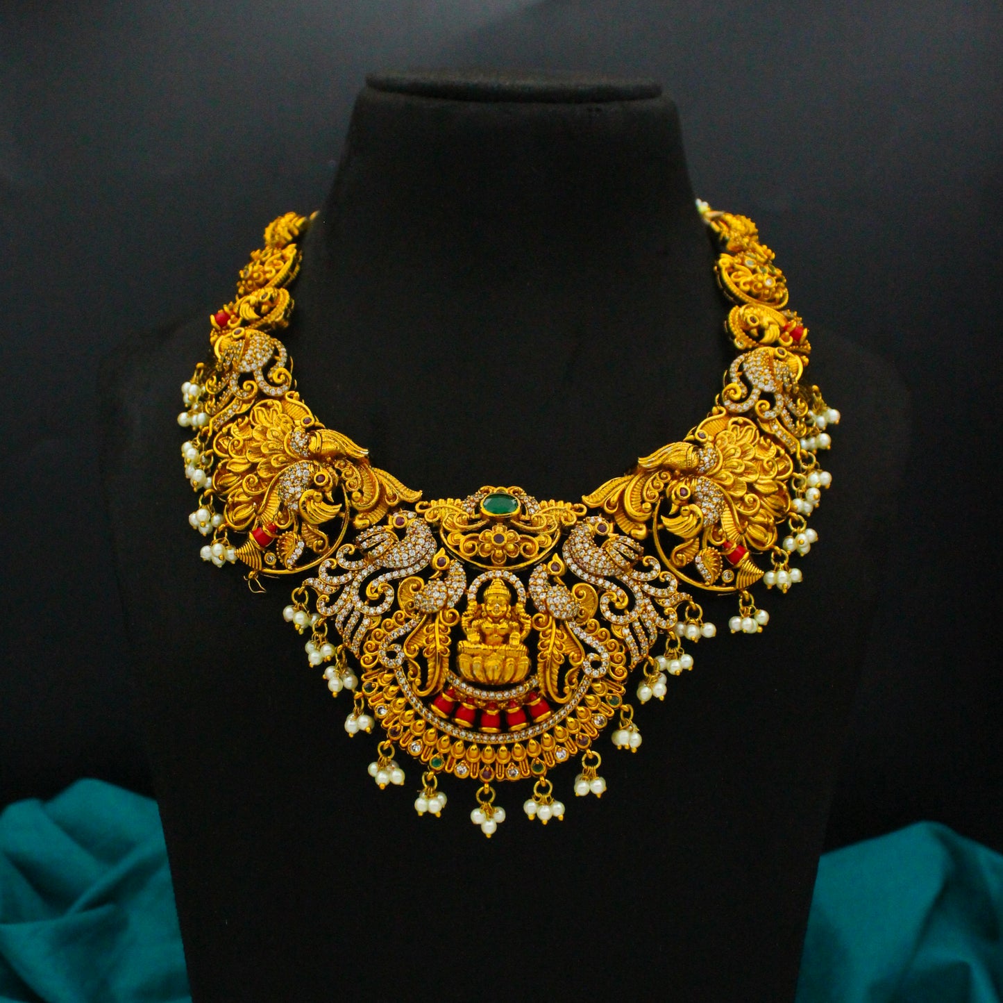 38751 Nakshi Antique Laxmi Short Peacock Necklace Set With Screw Back Earrings