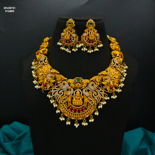38751 Nakshi Antique Laxmi Short Peacock Necklace Set With Screw Back Earrings