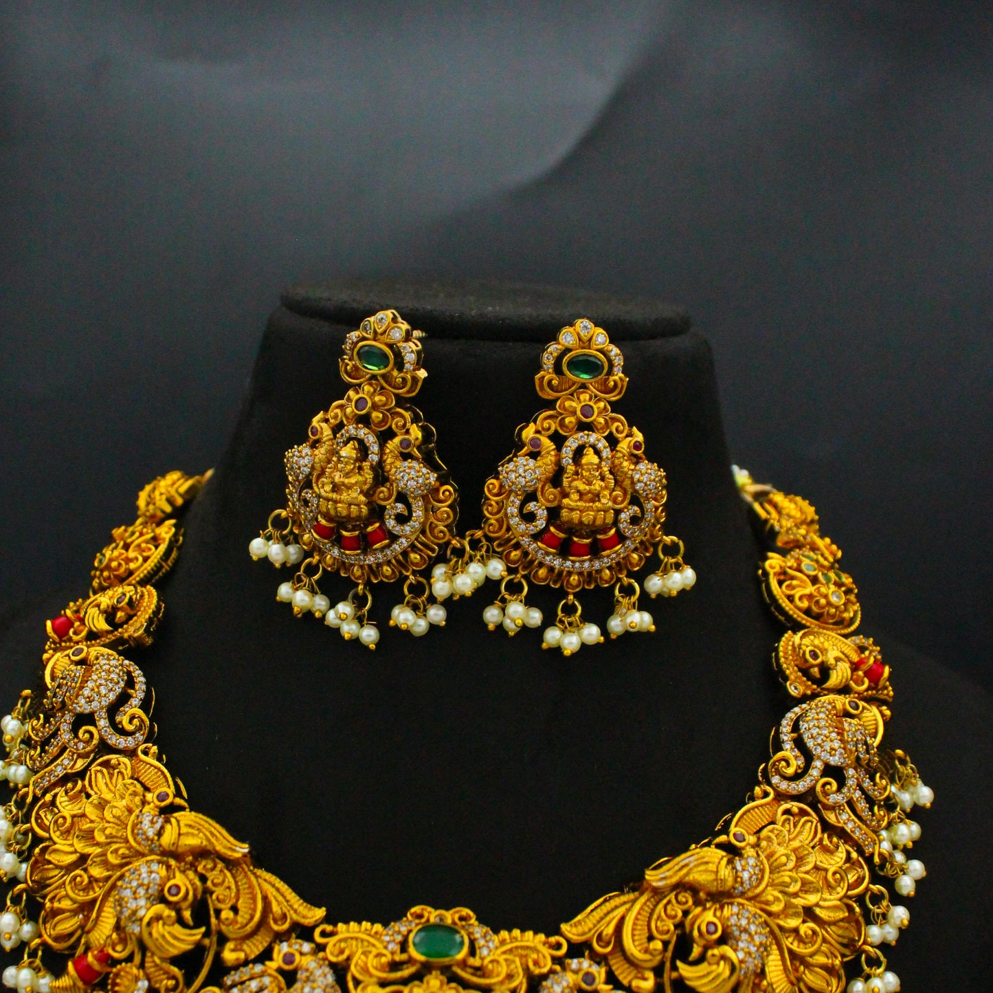 38751 Nakshi Antique Laxmi Short Peacock Necklace Set With Screw Back Earrings