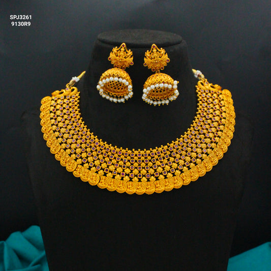 3261 Nakshi Laxmi Kasulu Broad Necklace Short With Push Back Earrings