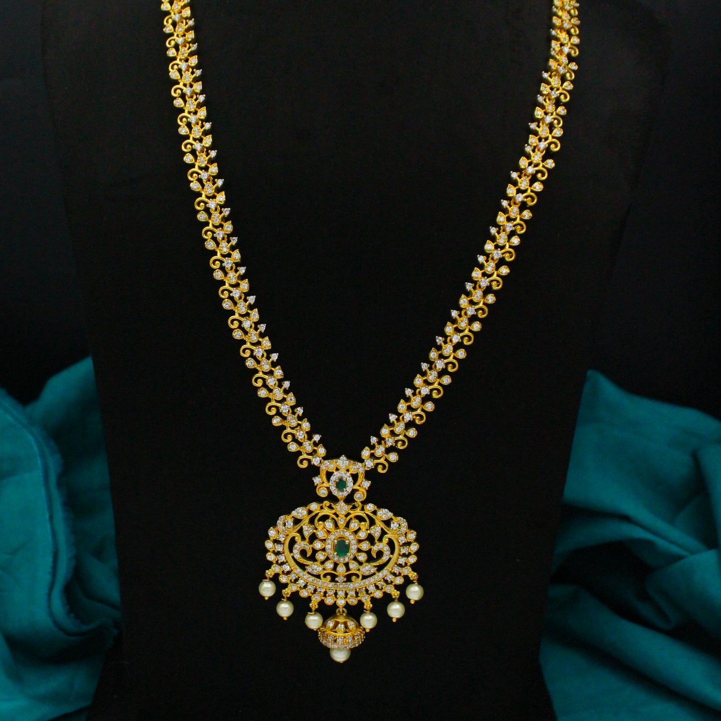 14497 CZ Long Green Necklace Set With Push Back Earrings