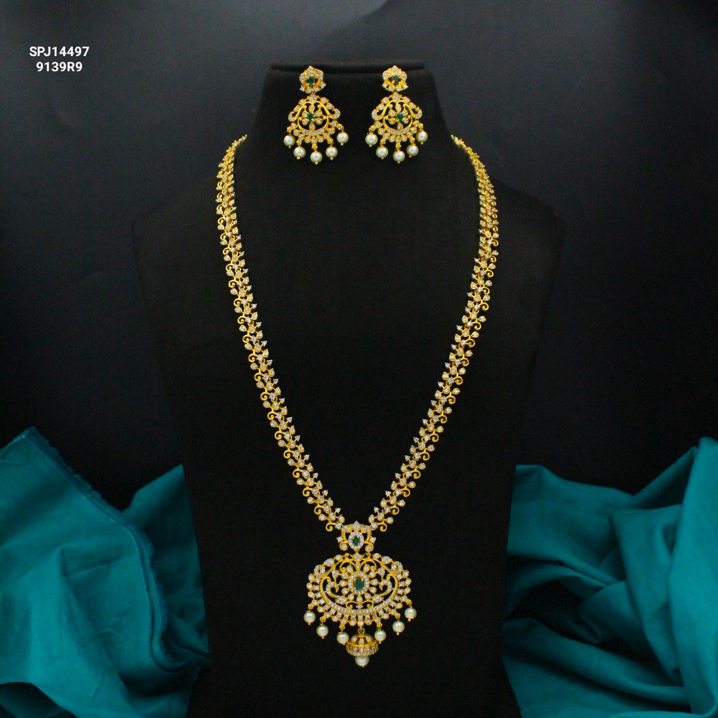 14497 CZ Long Green Necklace Set With Push Back Earrings