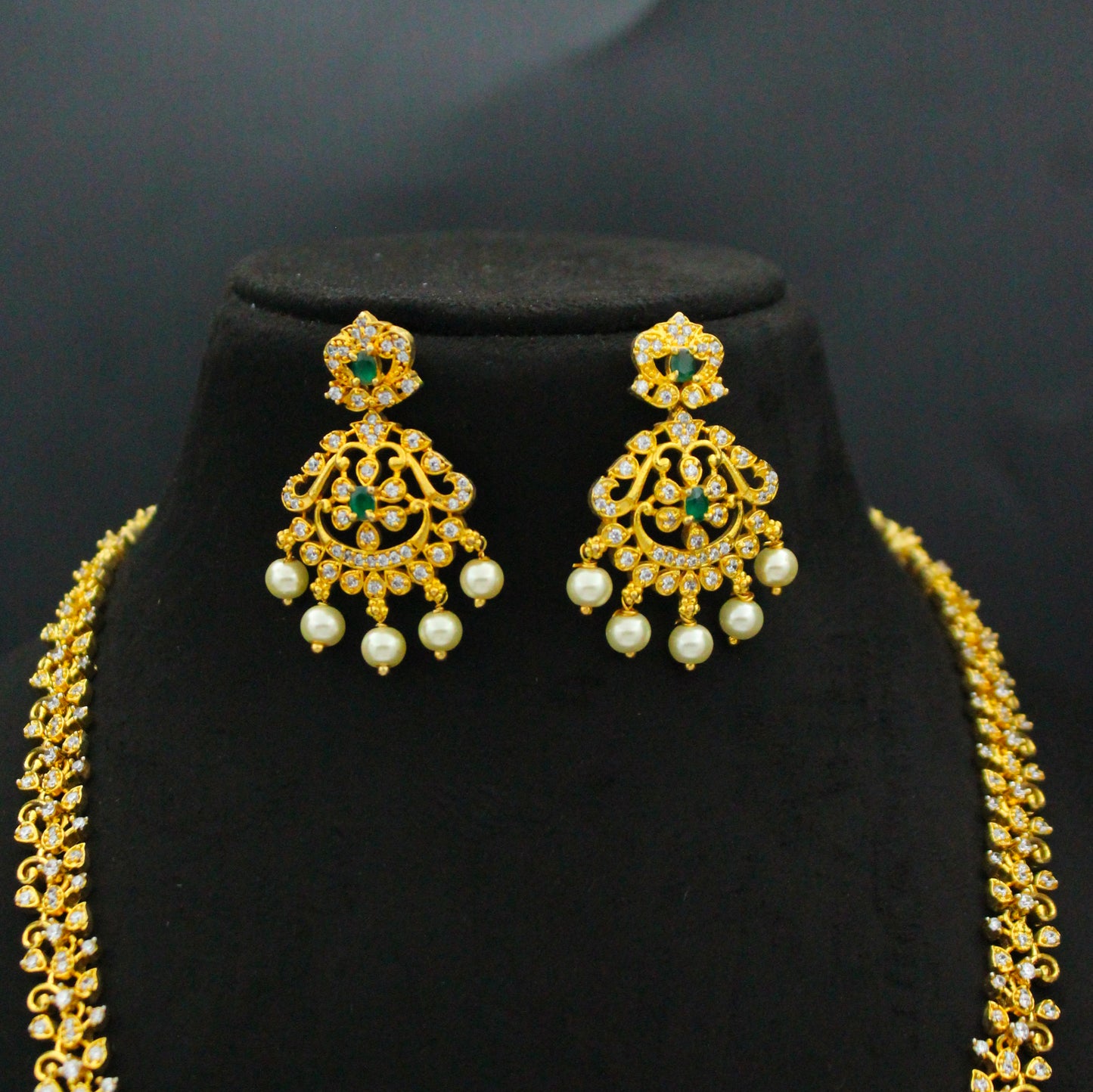 14497 CZ Long Green Necklace Set With Push Back Earrings