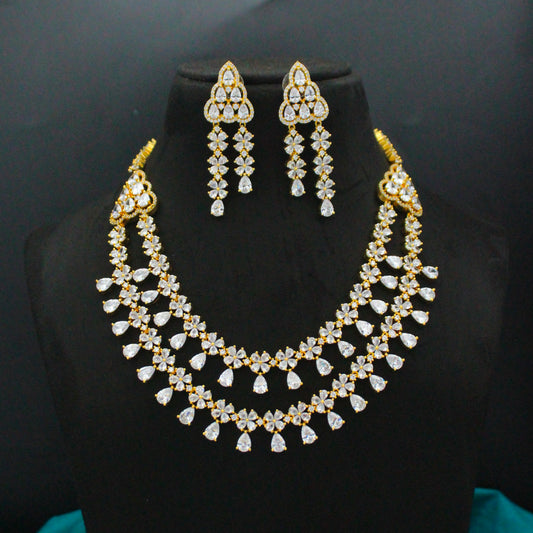 9182 CZ 2 Layers Short Necklace Set Full White