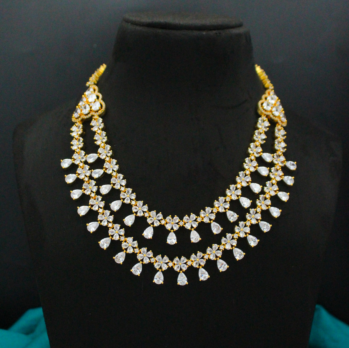9182 CZ 2 Layers Short Necklace Set Full White