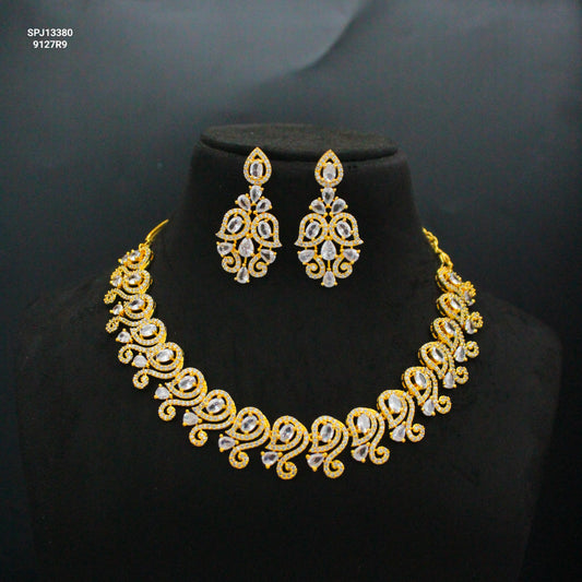 13380 CZ Full White Short Necklace Set With Push Back Earrings