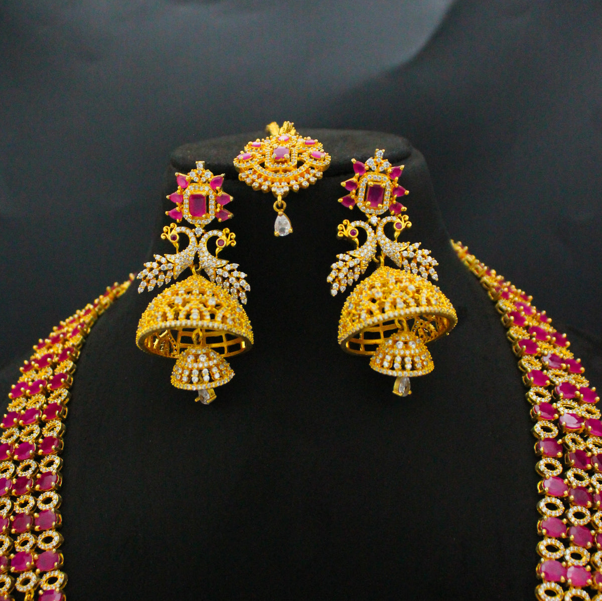 Gold Polish Double Peacock Ruby 3-Line Necklace Set SP-9136